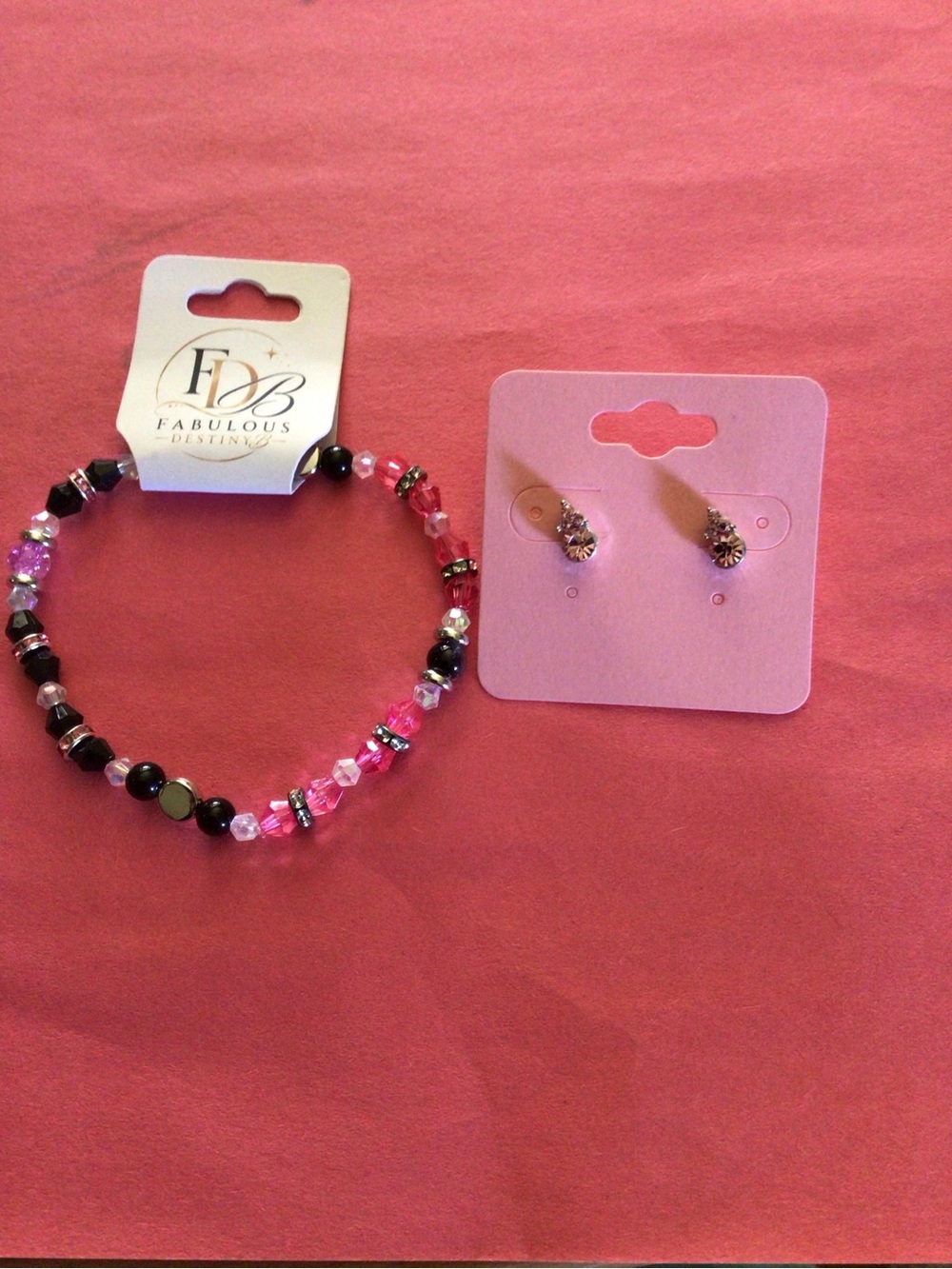Fabulous Designs Pink and Black Beaded Bracelet with Crystal Stud Earrings